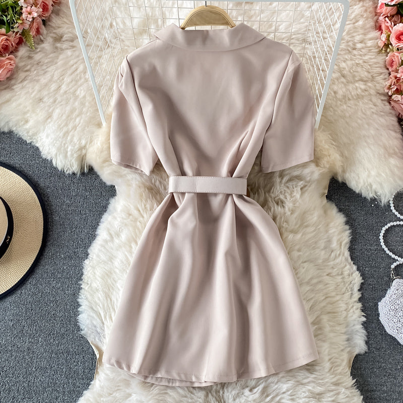 Slim waist, solid color short sleeve suit dress  3197