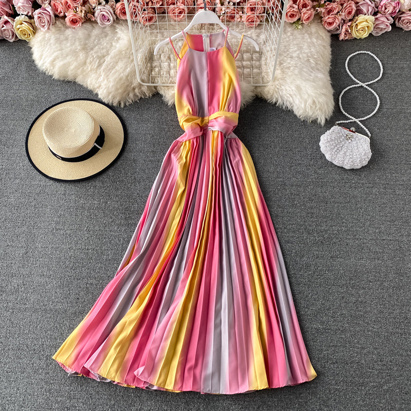 New sleeveless gradient rainbow neck suspender Pleated Dress  2728