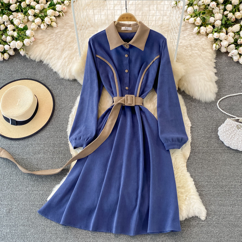 Lapel waistband shows thin temperament corduroy dress  3389