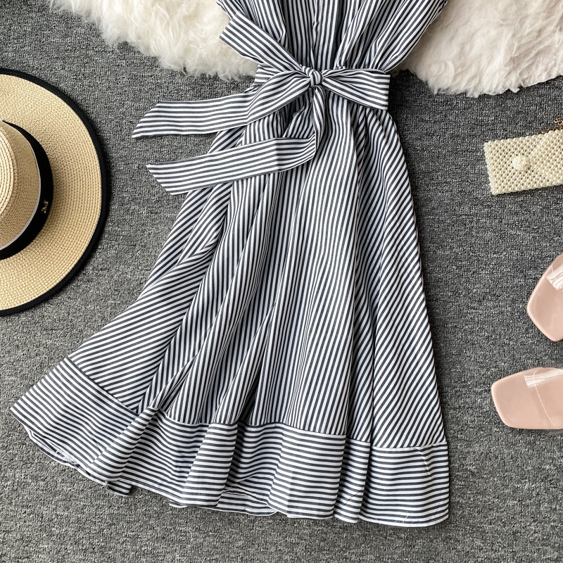 Striped light mature dress with slim waist  2947