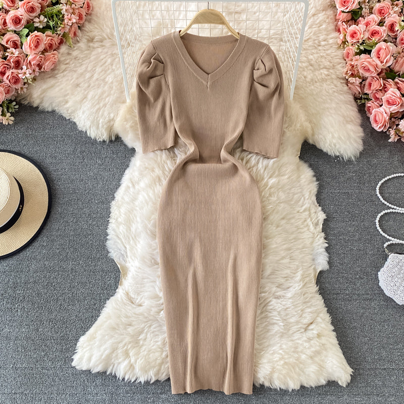 Temperament bubble sleeve slim V-neck wrap hip dress  2895
