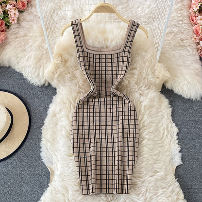 Suspender skirt shows thin ice silk knitted Plaid Hip Wrap Dress  2756
