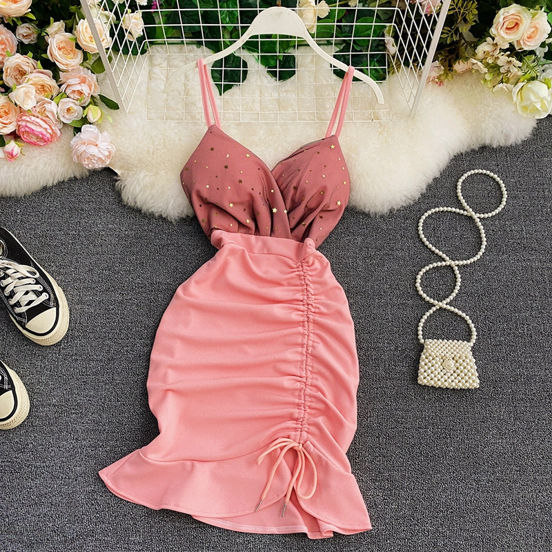 Suspender skirt low chest V-neck waist tight hip drawstring fishtail skirt  2931