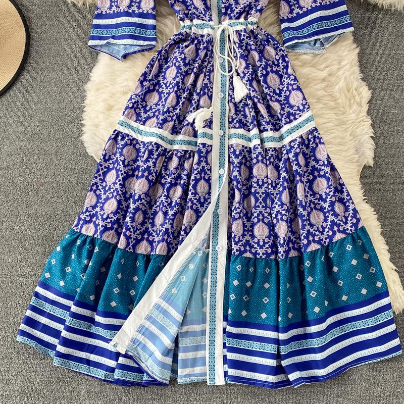 Einreihiges Kleid mit V-Ausschnitt, großer Blumenrock, langer Rock 2969
