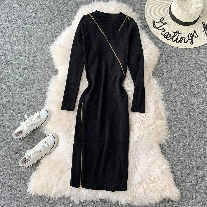Round neck knitted dress with buttocks and bottomed wool skirt  3133