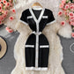 Small fragrance V-neck knitted dress shows thin Hip Wrap bottom skirt  2909