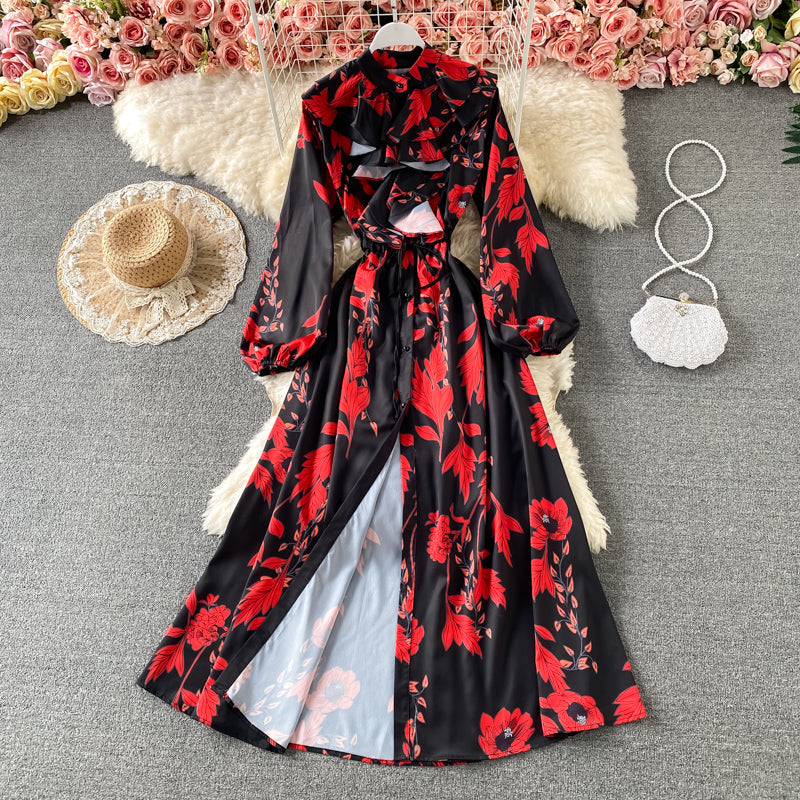 Slim and slim, lotus leaf border, waist closed and large swing A-shaped skirt  2967