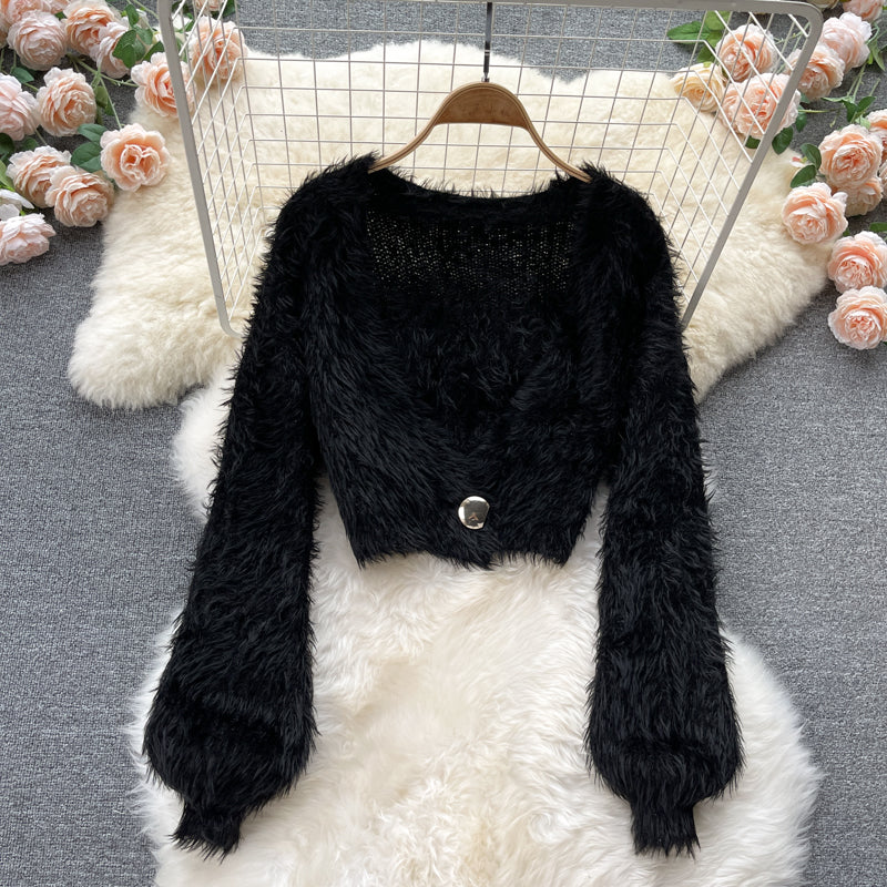 Kurzer Mohair Cardigan Damen Plüsch Pullover Mantel 1598