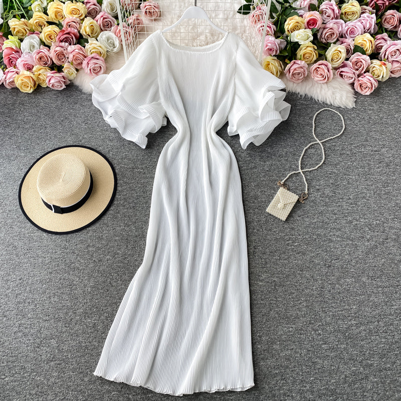 Ruffled large flared sleeve Pleated Dress  2758