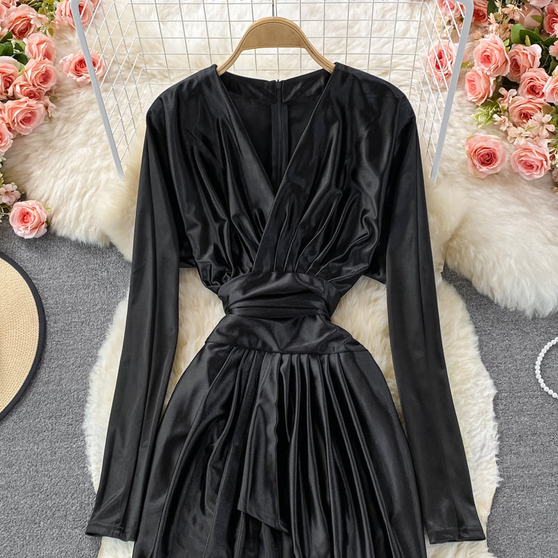 Satin high waist with thin V-neck irregular dress  3352