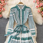 Gentle print lace up Lapel single breasted dress  3368