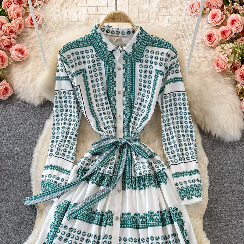 Gentle print lace up Lapel single breasted dress  3368