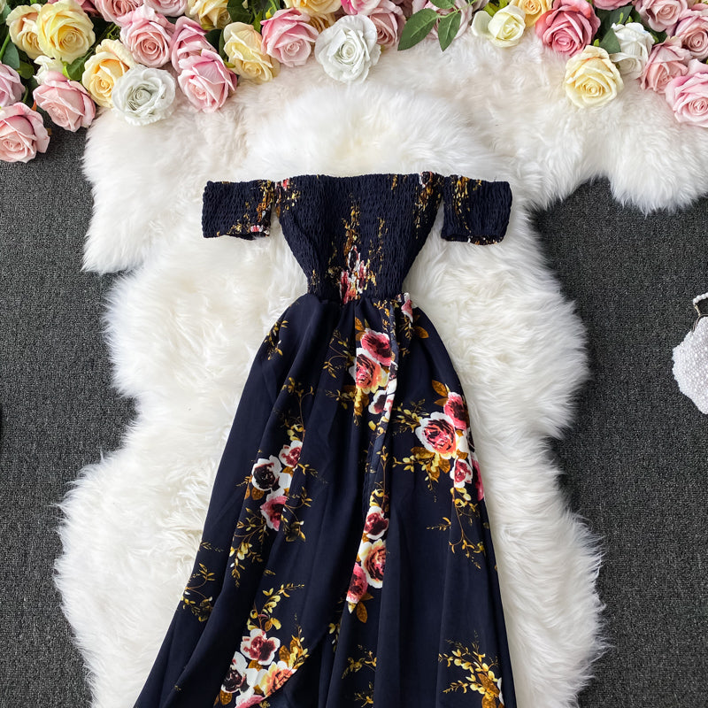 Fashion temperament one shoulder Strapless Floral Dress  2927