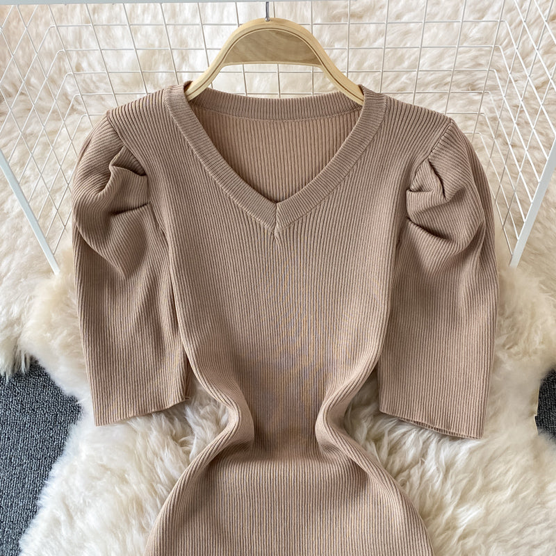 Temperament bubble sleeve slim V-neck wrap hip dress  2895