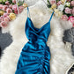 Waist drawcord Pleated Satin suspender dress  2791