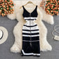 Sleeveless zipper V-neck contrast medium length knitted vest skirt  2992