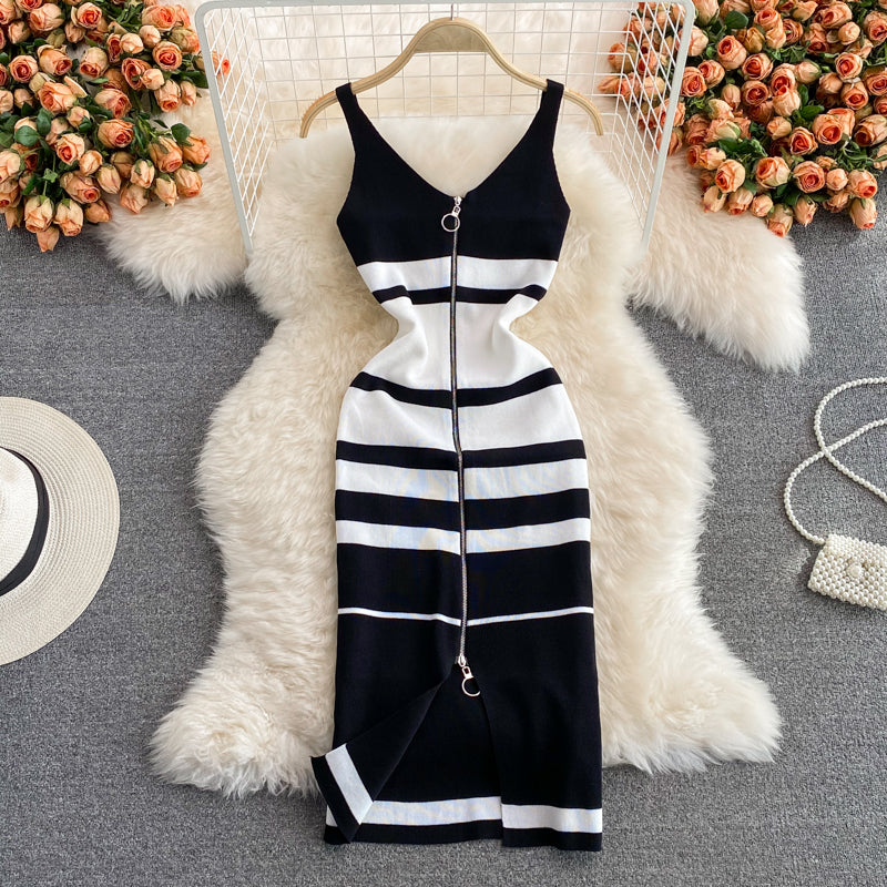 Sleeveless zipper V-neck contrast medium length knitted vest skirt  2992