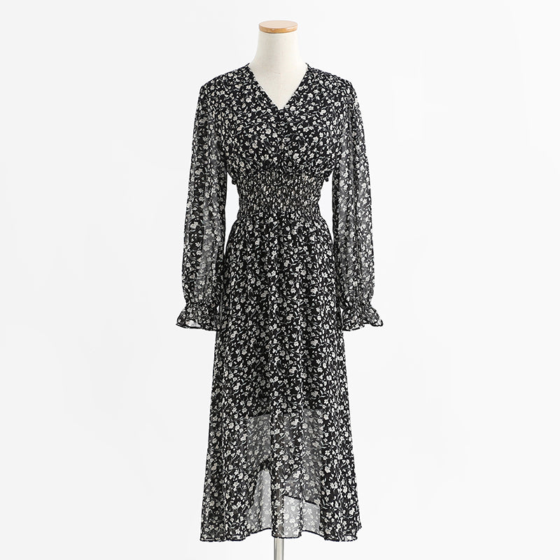 Long sleeved chiffon skirt Floral Dress  2158