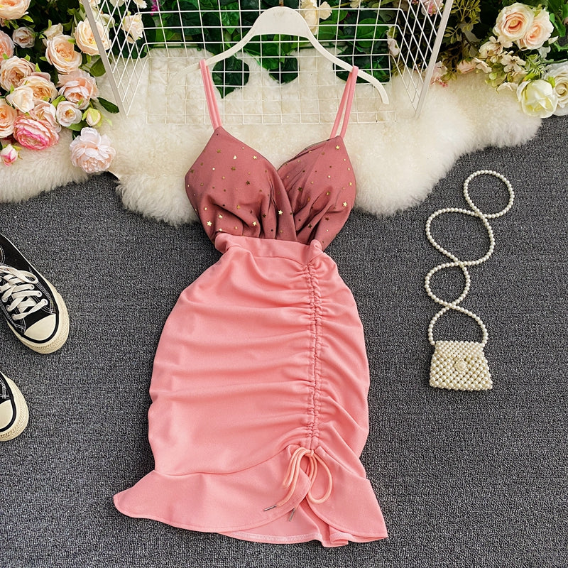 Suspender skirt low chest V-neck waist tight hip drawstring fishtail skirt  2931