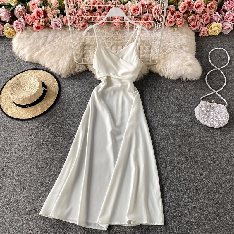 Open back strap waist V-neck suspender dress  3171
