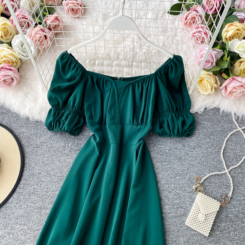 French retro square neck bubble Short Sleeve Dress  2877