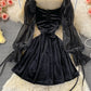 Square neck velvet waist puffy dress  3372
