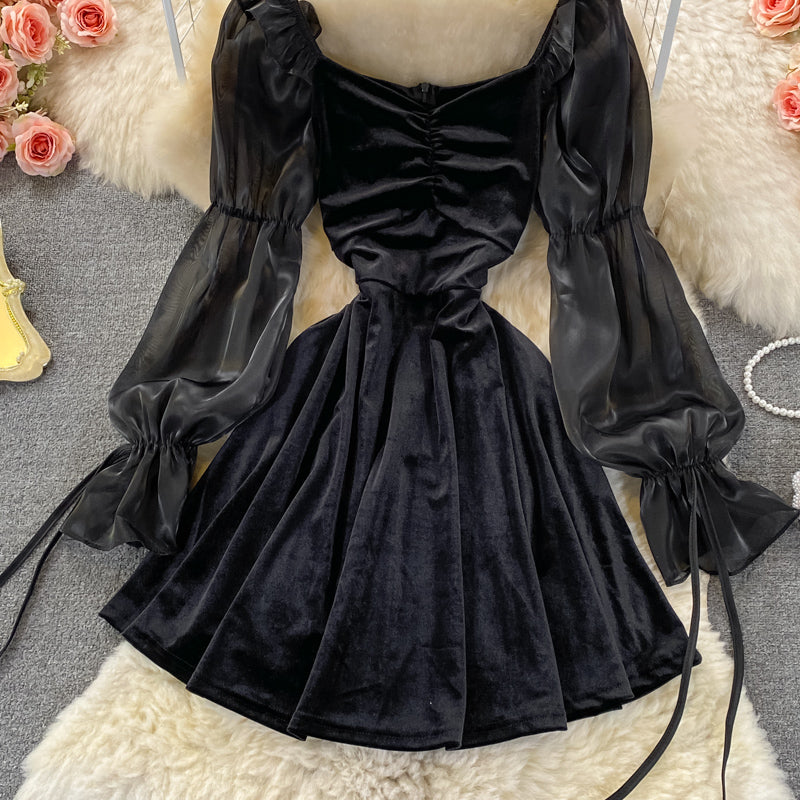 Square neck velvet waist puffy dress  3372