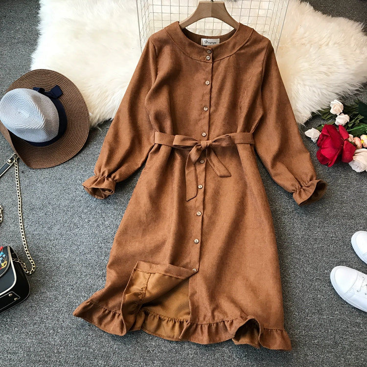 Rüschen-Schnürkleid mit Rundhalsausschnitt und hoher Taille 3398