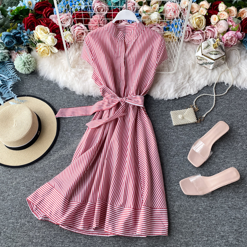 Striped light mature dress with slim waist  2947