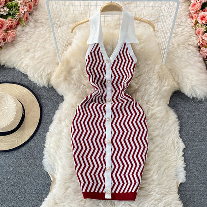 Sexy V-neck hanging neck exposed backpack hip knitted dress  3327