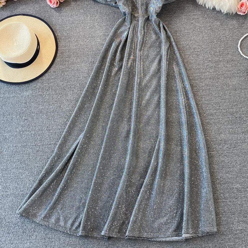 Noble and elegant temperament bright silk round neck dress  2986