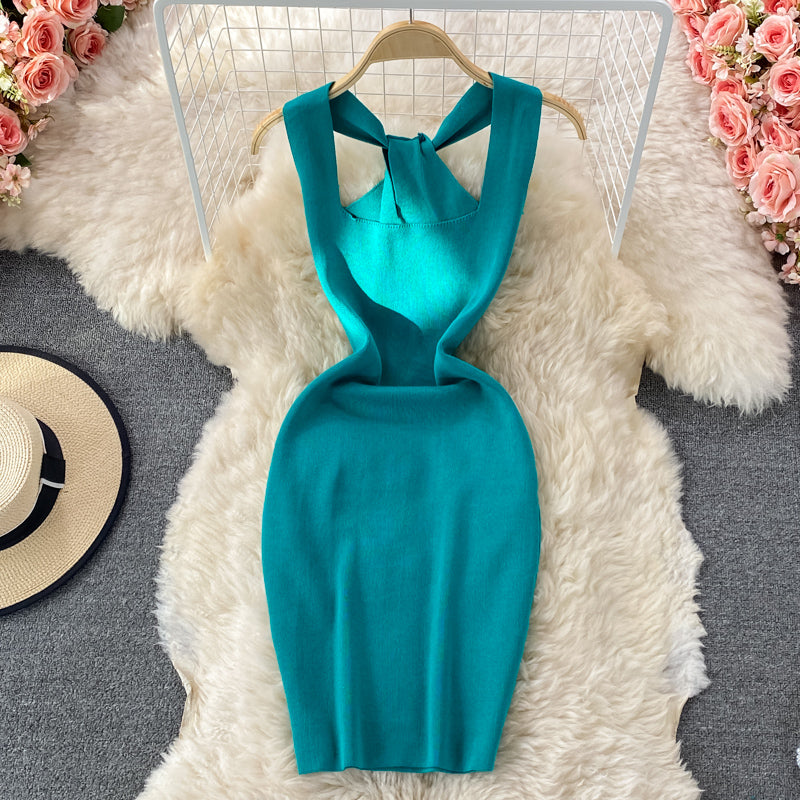 Hanging neck open back square neck knitted Hip Wrap Dress  2768