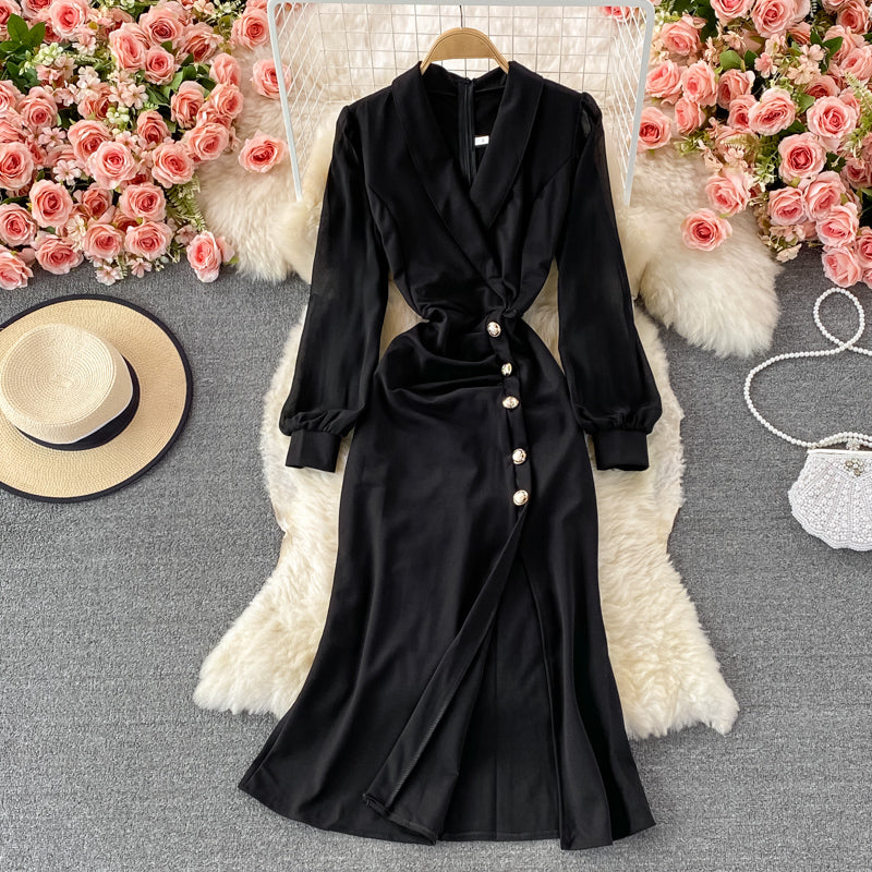 Suit collar waist slit dress elegant temperament Hip Wrap slit skirt  3233