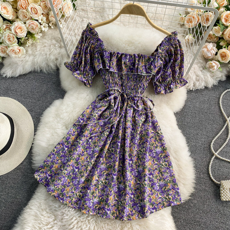 Slim waist with square neck bubble sleeve Floral Dress  3317