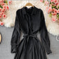 Loose and slim medium length single breasted Lapel dress  3245