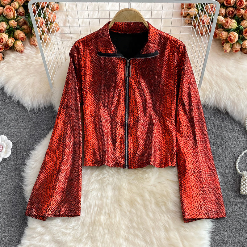 Korean leopard print loose casual stand collar zipper coat  1678