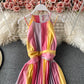 New sleeveless gradient rainbow neck suspender Pleated Dress  2728