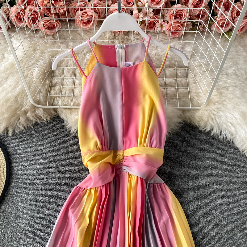 New sleeveless gradient rainbow neck suspender Pleated Dress  2728