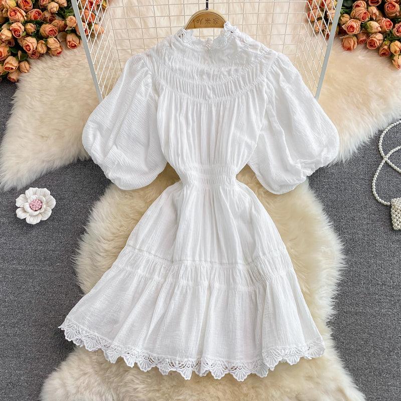 French court lantern sleeve design lace stitching stand collar dress  3377