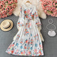 Court Style Vintage Lace Up waist slim print Crew Neck Dress  3211