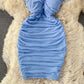 French sexy high waist thin pleated square neck wrap hip dress  2715