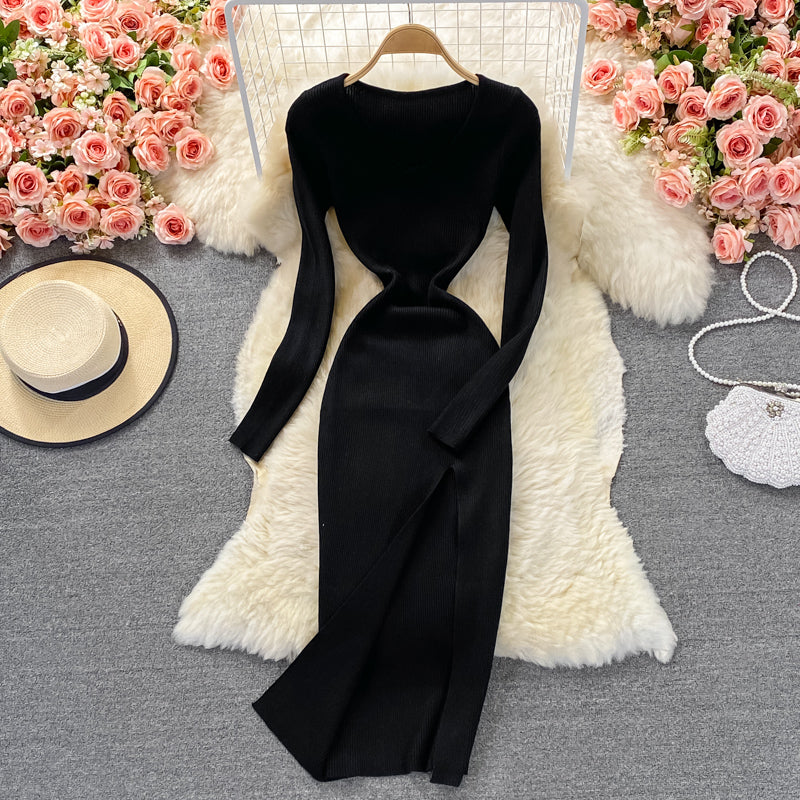 Tight elastic knitted skirt waist closing temperament split dress  2858