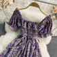 French sweet waist closing thin square neck bubble sleeve Floral Dress  3189