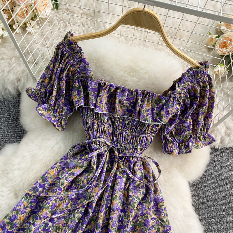 French sweet waist closing thin square neck bubble sleeve Floral Dress  3189