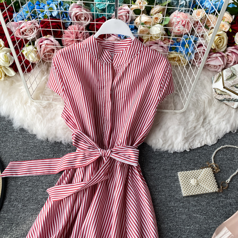 Striped light mature dress with slim waist  2947