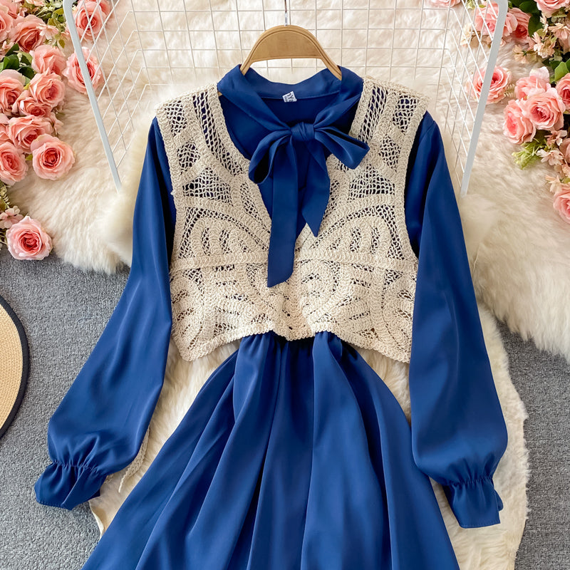 Koreanisches langärmliges Schleifenkleid mit schmaler Taille 2862