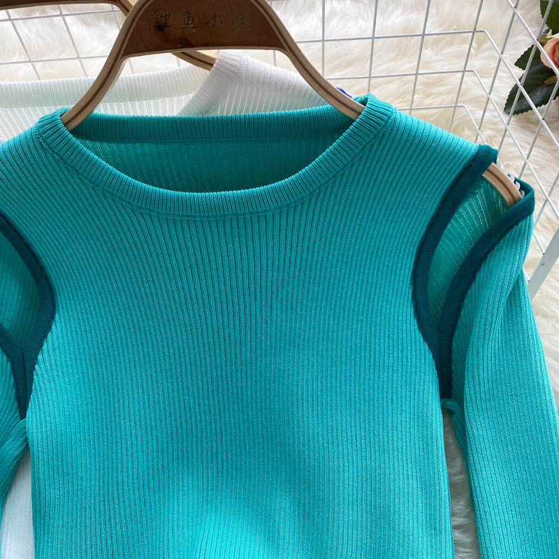 Strickbluse Damen Nischendesign ausgehöhlt farblich passend lange Ärmel 1588
