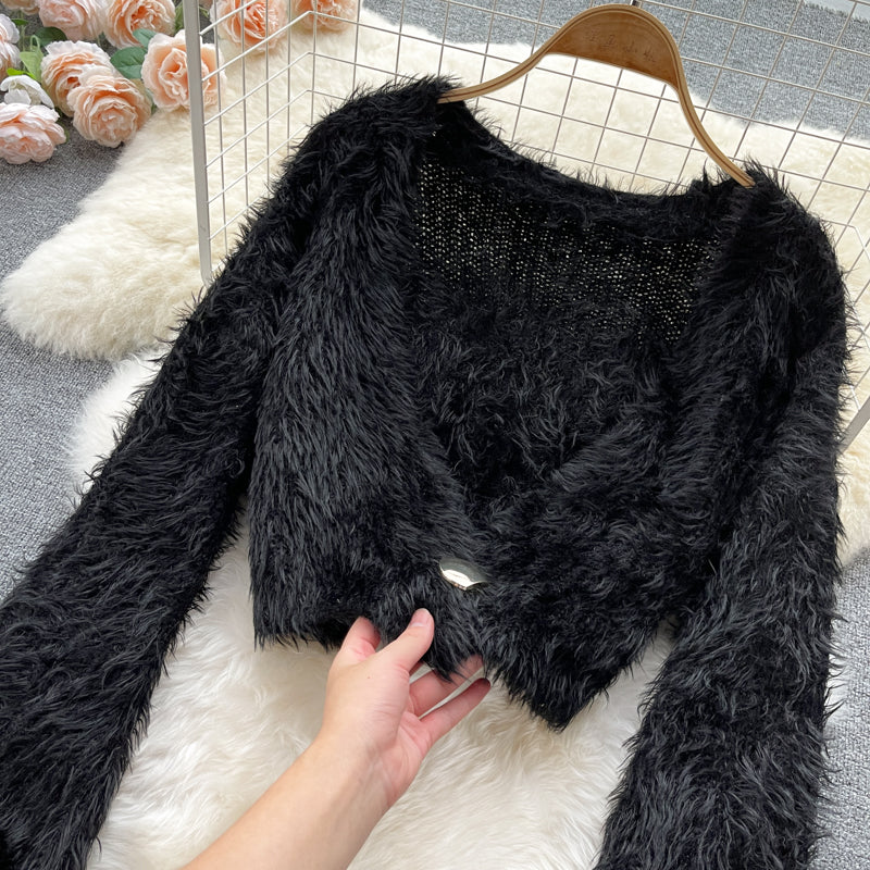 Kurzer Mohair Cardigan Damen Plüsch Pullover Mantel 1598