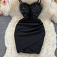 Sexy mesh stitched V-neck suspender skirt slim bottom wrap hip skirt  2780