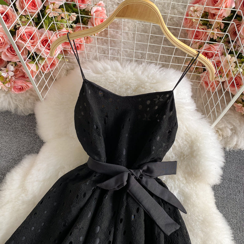 Sweet little fresh suspender skirt high waist backless lace dress  2893